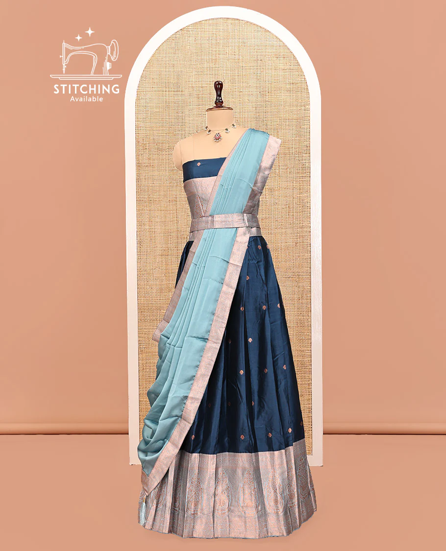 Blue Art Silk Half Saree Features Buttas Steeped Skirt, Complemented by Contrast Traditional Border, Contrast Blouse, and a Embroidery Scallop Dhavani - Image 3