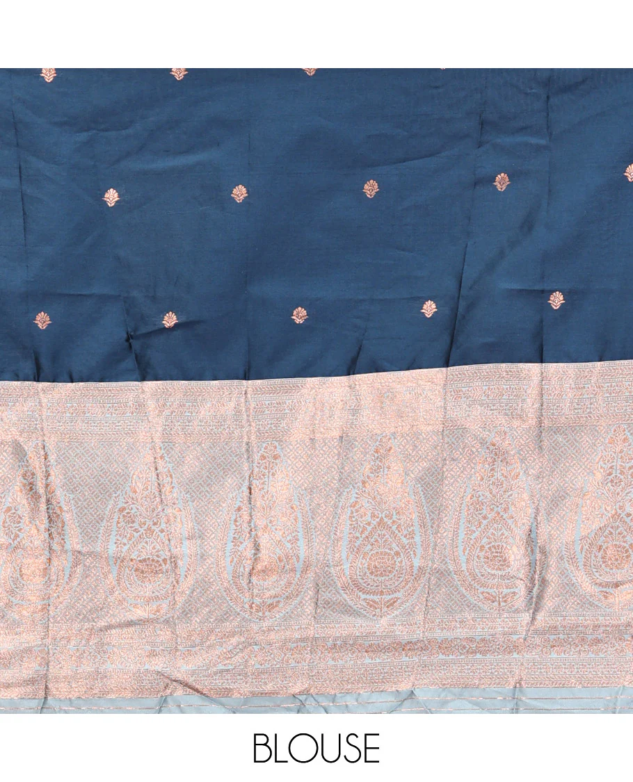 Blue Art Silk Half Saree Features Buttas Steeped Skirt, Complemented by Contrast Traditional Border, Contrast Blouse, and a Embroidery Scallop Dhavani - Image 4