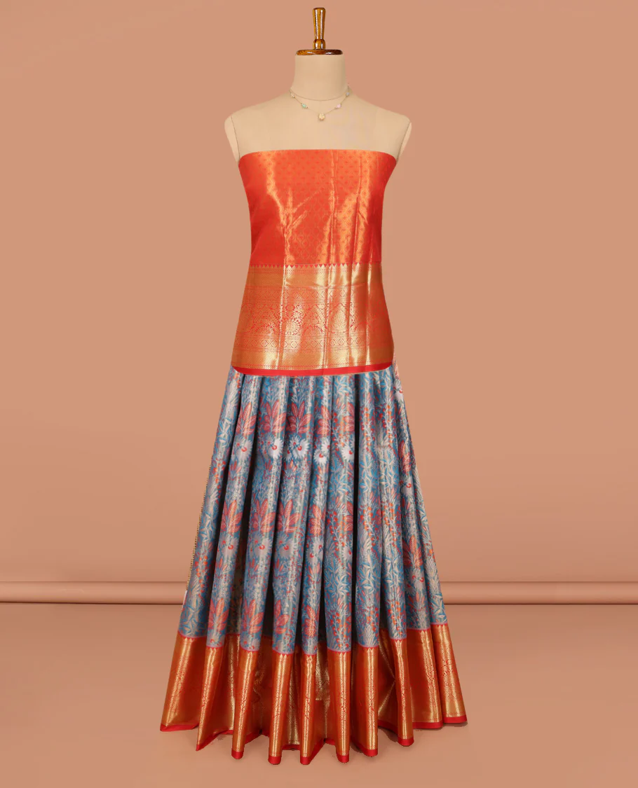 Blue Art Silk Material Half Saree Set, Opulently Embellished with Tropical-Floral Jacquard Design Skirt, a Contrast Traditional Zari Design Border, Contrast Zari-Jacquard Blouse, and a Dhavani of Floral Designs - Image 3