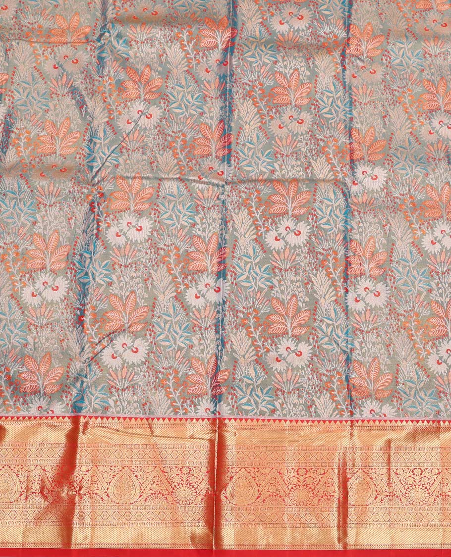 Blue Art Silk Material Half Saree Set, Opulently Embellished with Tropical-Floral Jacquard Design Skirt, a Contrast Traditional Zari Design Border, Contrast Zari-Jacquard Blouse, and a Dhavani of Floral Designs - Image 4