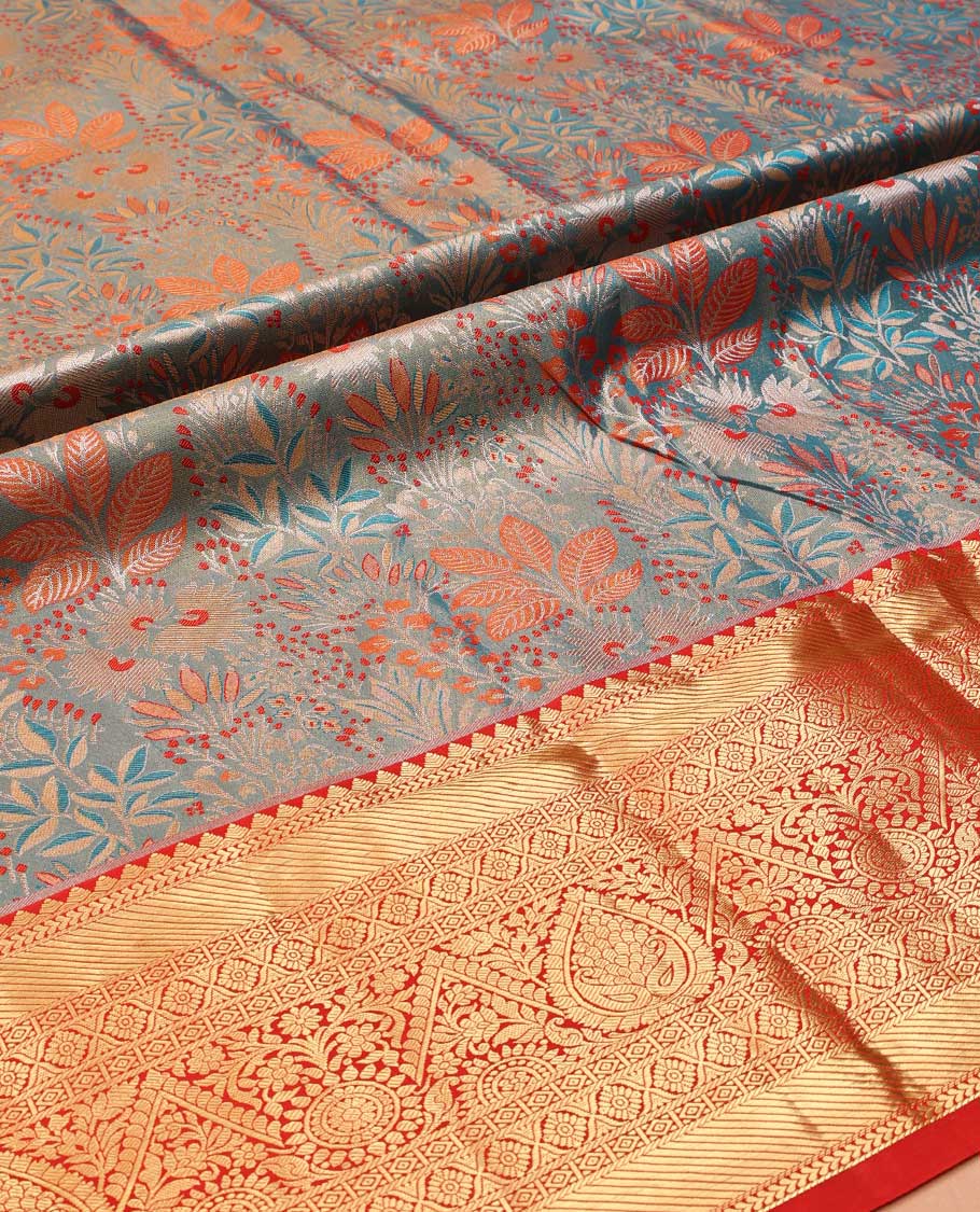 Blue Art Silk Material Half Saree Set, Opulently Embellished with Tropical-Floral Jacquard Design Skirt, a Contrast Traditional Zari Design Border, Contrast Zari-Jacquard Blouse, and a Dhavani of Floral Designs - Image 5