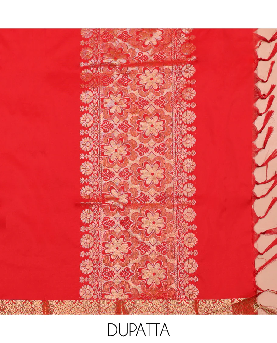 Blue Art Silk Material Half Saree Set, Opulently Embellished with Tropical-Floral Jacquard Design Skirt, a Contrast Traditional Zari Design Border, Contrast Zari-Jacquard Blouse, and a Dhavani of Floral Designs - Image 6