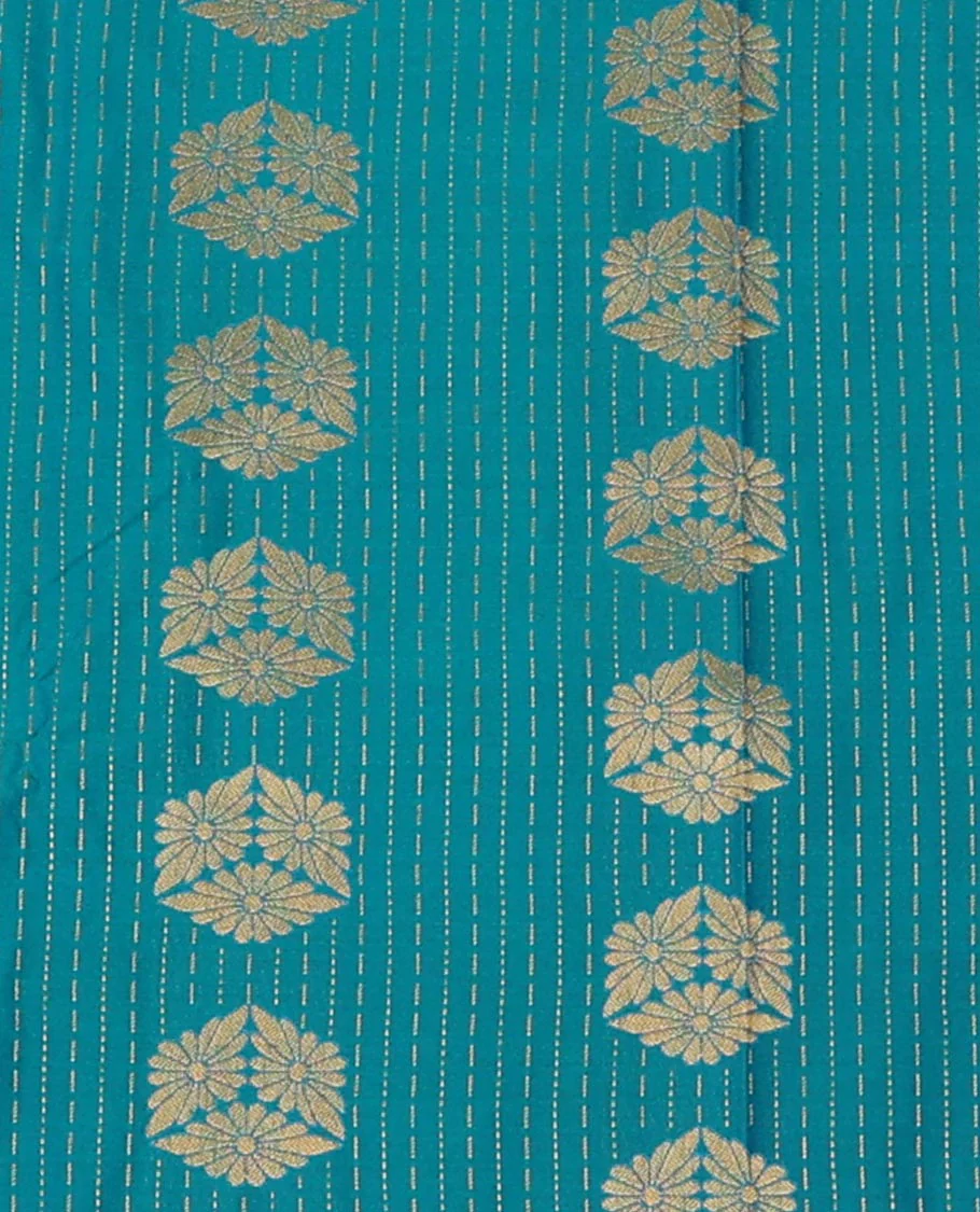 Blue Art Silk Pavadai Material Set, Beautified with Zari Stripes and Zari Buttas Skirt, Complemented by a Contrast Floral-Jaal Patterned Zari Border, and Paired with a Contrast Blouse - Image 3