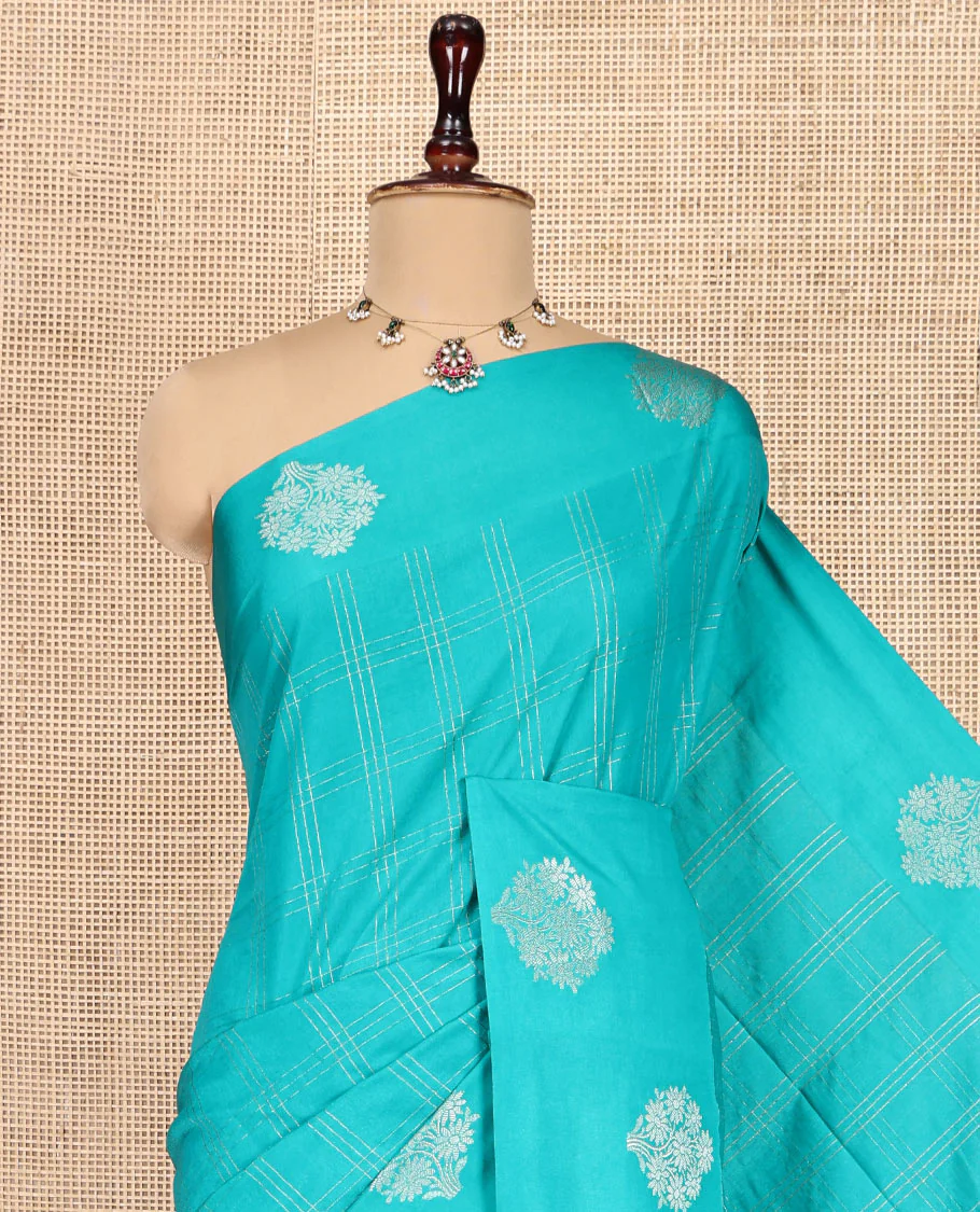 Blue Assam Silk Saree, Finely Crafted with Zari Checks, a Floral-Motif Zari Border, a Pallu of Intricate Zari Designs, and a Jacquard Blouse - Image 2