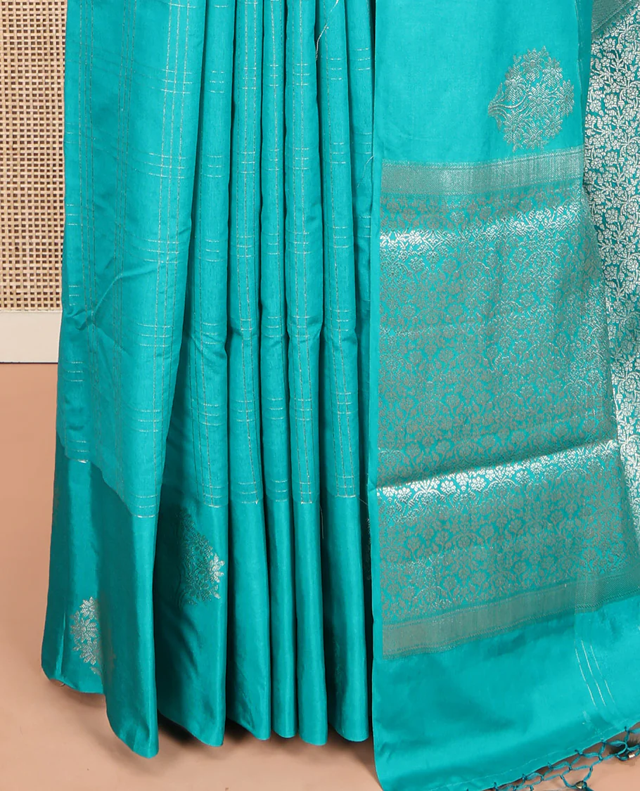 Blue Assam Silk Saree, Finely Crafted with Zari Checks, a Floral-Motif Zari Border, a Pallu of Intricate Zari Designs, and a Jacquard Blouse - Image 3