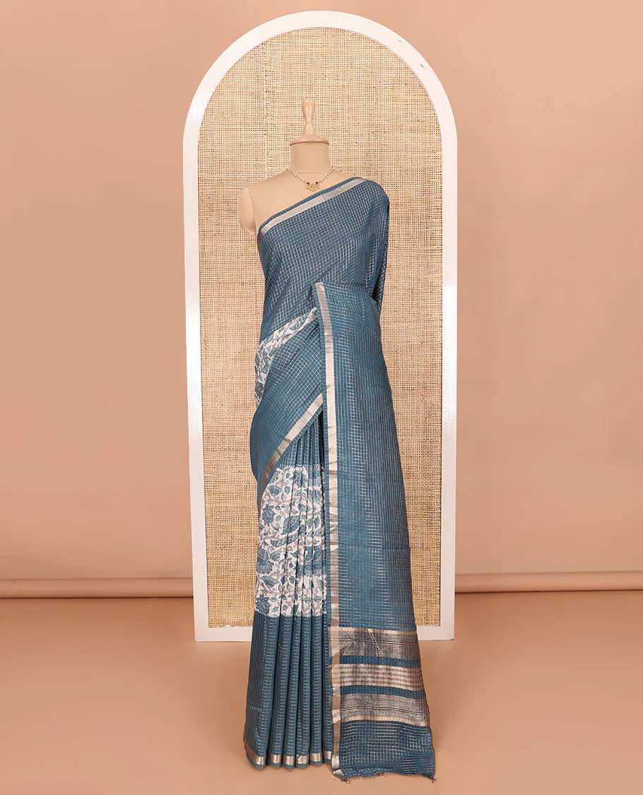 Blue Assam Silk Saree Graced with Micro-Checks and Floral Prints, Featuring a Simple Piping Border, Zari-Enriched Pallu, Paired with a Matching Blouse - Image 2