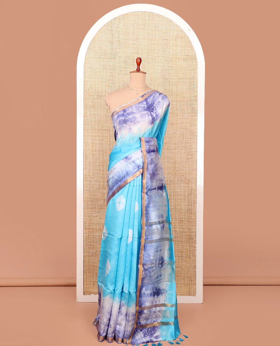Blue Banana Pith Saree Beautified with Shibori Prints, Subtly Made Zari Bavanji Border, Pallu Featuring Zari Stripes and Shibori Print, and Paired with a Matching Shibori Printed Blouse - Image 3