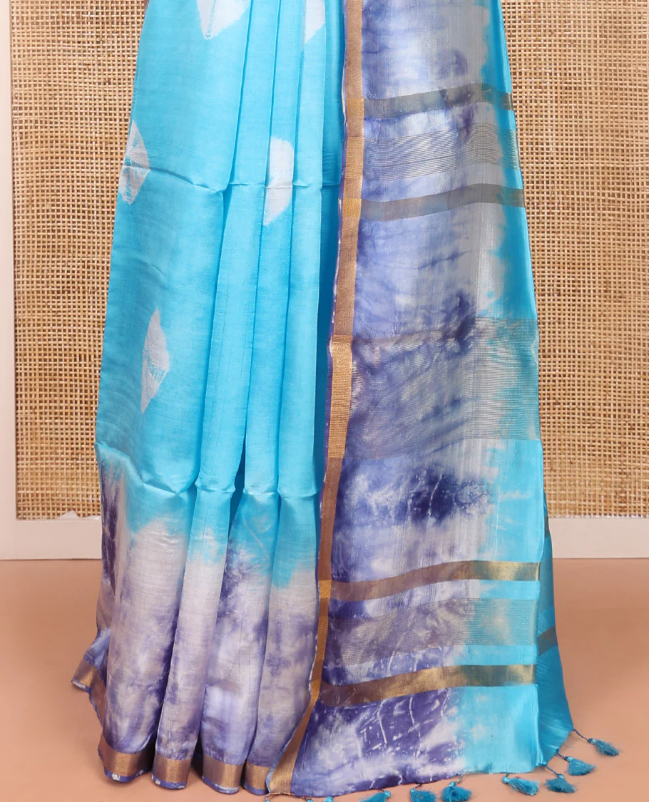 Blue Banana Pith Saree Beautified with Shibori Prints, Subtly Made Zari Bavanji Border, Pallu Featuring Zari Stripes and Shibori Print, and Paired with a Matching Shibori Printed Blouse - Image 4