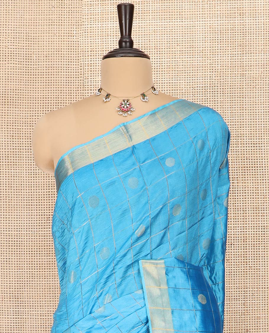 Blue Banana Pith Saree Detailed with Polka Dot Buttas Enclosed Checks, Subtle Zari Border, Gleaming Zari Stripes Woven Pallu, and Paired with a Matching Plain Blouse - Image 2