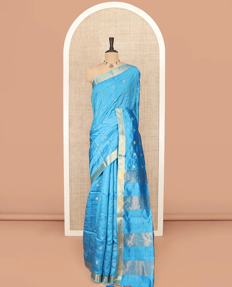 Blue Banana Pith Saree Detailed with Polka Dot Buttas Enclosed Checks, Subtle Zari Border, Gleaming Zari Stripes Woven Pallu, and Paired with a Matching Plain Blouse - Image 3