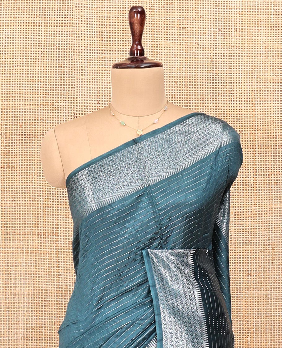 Blue Banana Pith Saree, Detailed with Zari Stripes All Over Its Body, Highlighted by Temple Border of Jaal Designs, Subtly Striped Pallu, and Paired with a Matching Blouse - Image 2