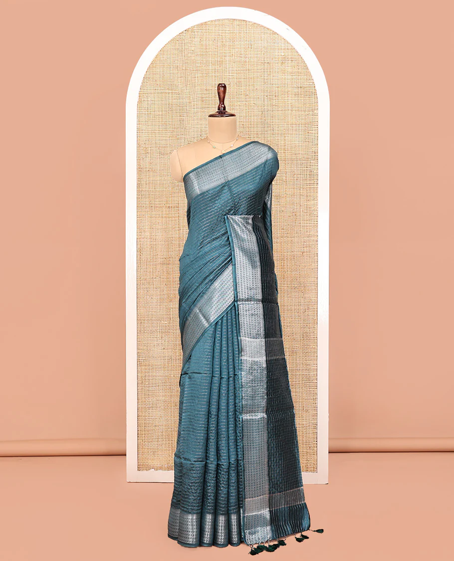 Blue Banana Pith Saree, Detailed with Zari Stripes All Over Its Body, Highlighted by Temple Border of Jaal Designs, Subtly Striped Pallu, and Paired with a Matching Blouse - Image 3