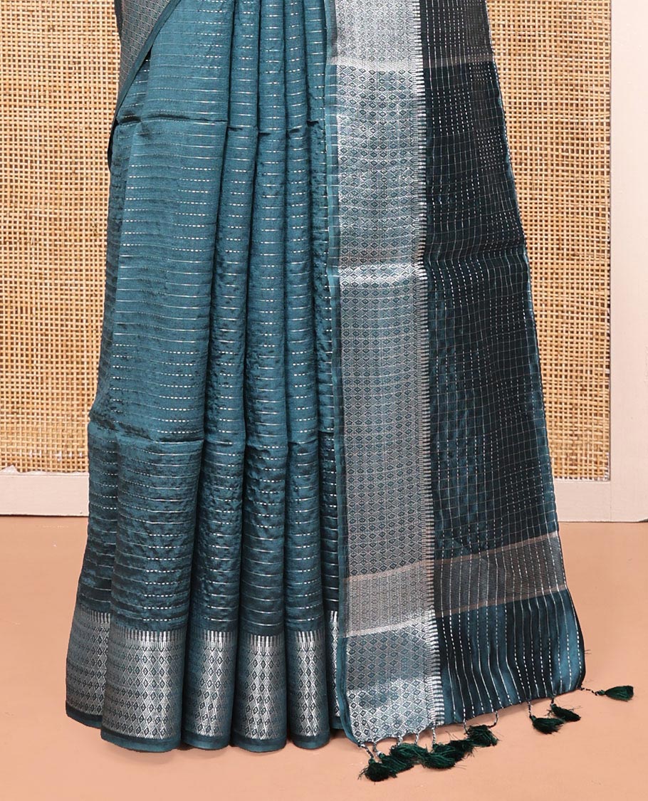 Blue Banana Pith Saree, Detailed with Zari Stripes All Over Its Body, Highlighted by Temple Border of Jaal Designs, Subtly Striped Pallu, and Paired with a Matching Blouse - Image 4