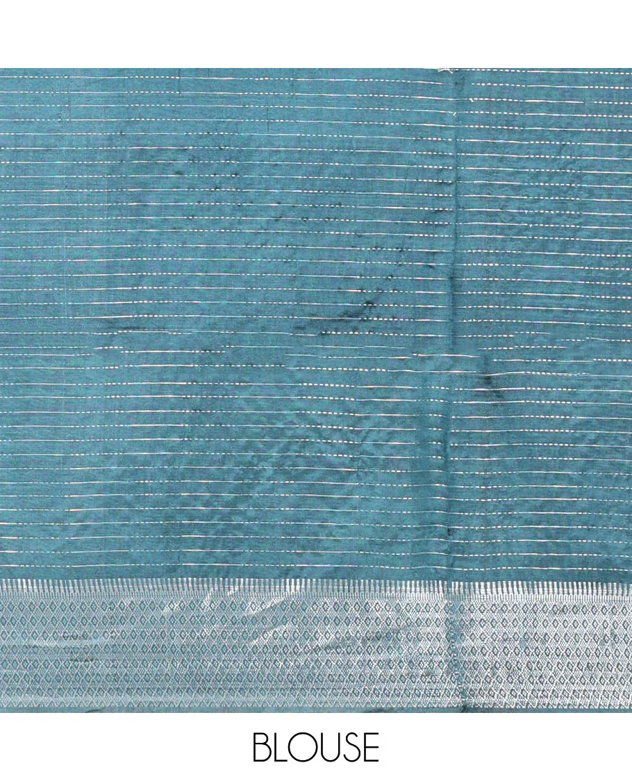 Blue Banana Pith Saree, Detailed with Zari Stripes All Over Its Body, Highlighted by Temple Border of Jaal Designs, Subtly Striped Pallu, and Paired with a Matching Blouse - Image 5
