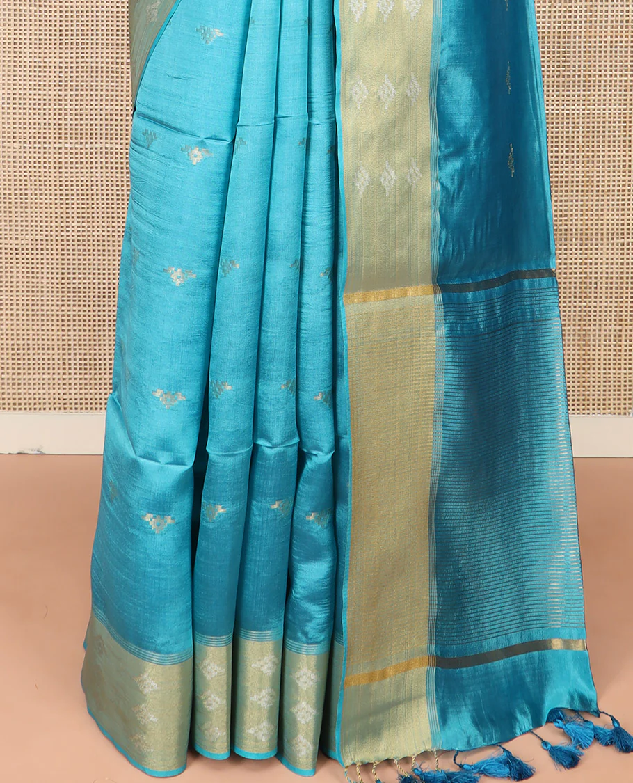 Blue Banana Pith Saree Elegantly Framed with Zari Buttas, Artfully Detailed Border with Zari Designs, Gleaming Zari Stripes Woven Pallu, and Paired with a Matching Plain Blouse - Image 4