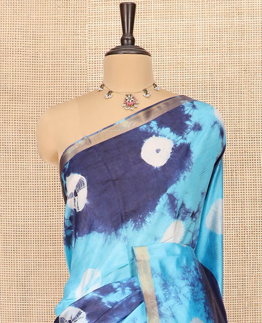 Blue Banana Pith Saree Enthralled with Shibori Prints, Zari Bavanji Border, Complemented with a Shibori Printed Pallu, and Paired with a Matching Shibori Printed Blouse - Image 2