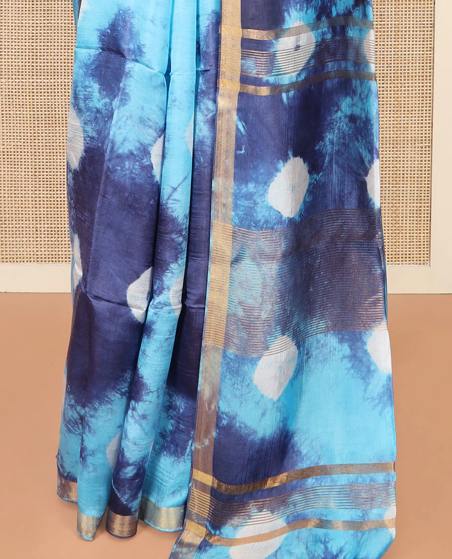 Blue Banana Pith Saree Enthralled with Shibori Prints, Zari Bavanji Border, Complemented with a Shibori Printed Pallu, and Paired with a Matching Shibori Printed Blouse - Image 4