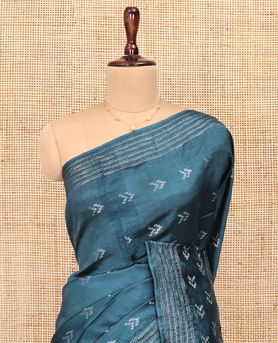 Blue Banana Pith Saree, Finely Crafted with Buttas All Over Its Body, Subtle Self-Border of Stripes and Buttas, Pallu Steeped with Stripes, and Paired with a Matching Blouse - Image 2