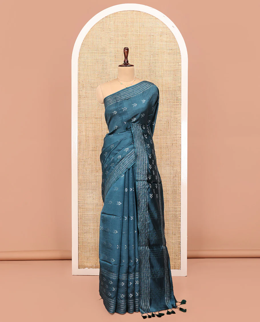 Blue Banana Pith Saree, Finely Crafted with Buttas All Over Its Body, Subtle Self-Border of Stripes and Buttas, Pallu Steeped with Stripes, and Paired with a Matching Blouse - Image 3