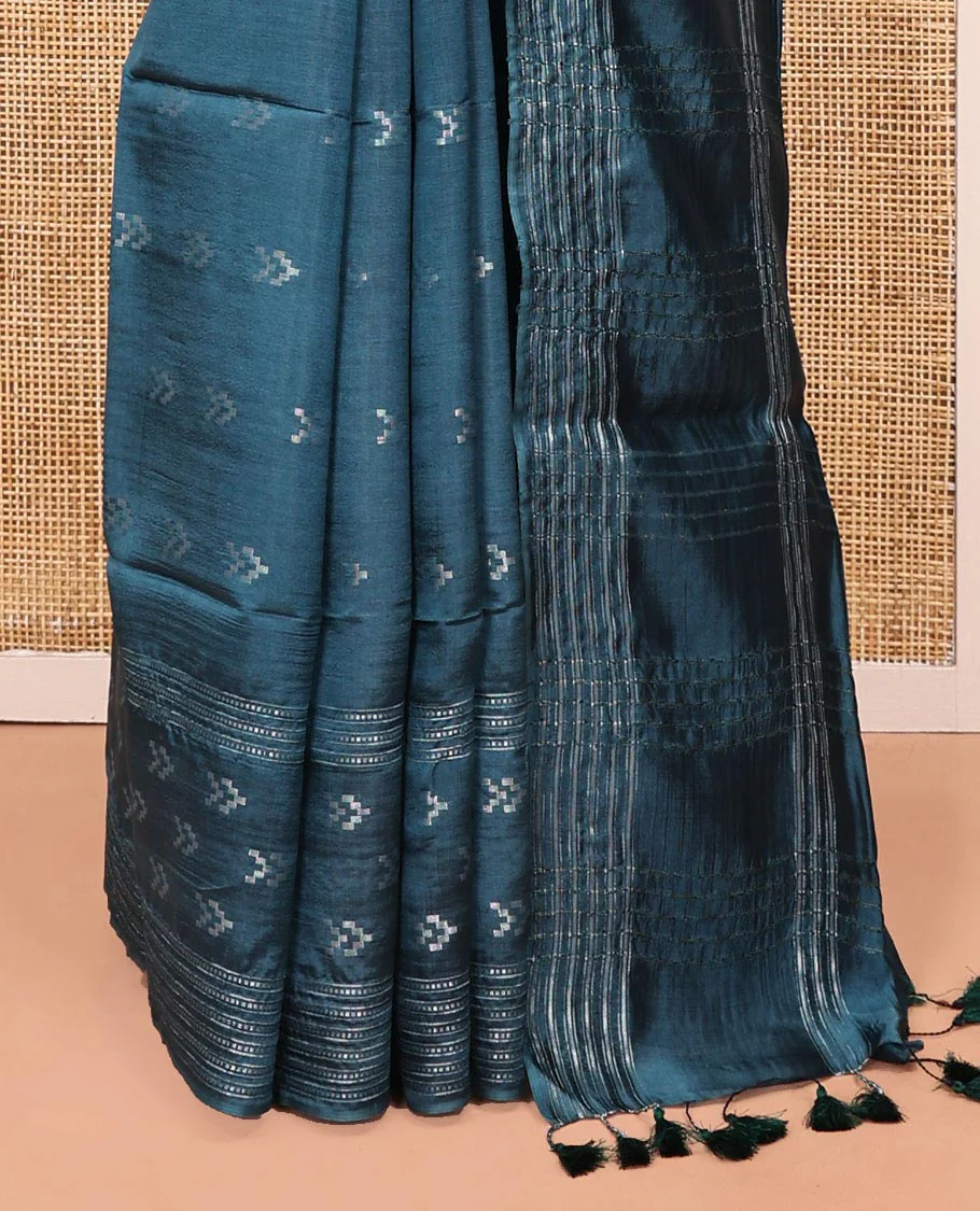 Blue Banana Pith Saree, Finely Crafted with Buttas All Over Its Body, Subtle Self-Border of Stripes and Buttas, Pallu Steeped with Stripes, and Paired with a Matching Blouse - Image 4
