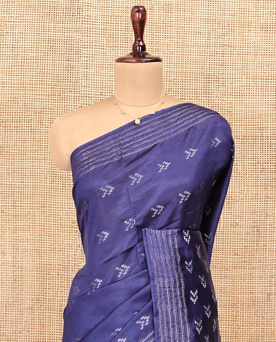 Blue Banana Pith Saree, Finely Crafted with Buttas on Its Body, Subtly Striped Border, Pallu of Stripes, and Paired with a Matching Blouse - Image 2