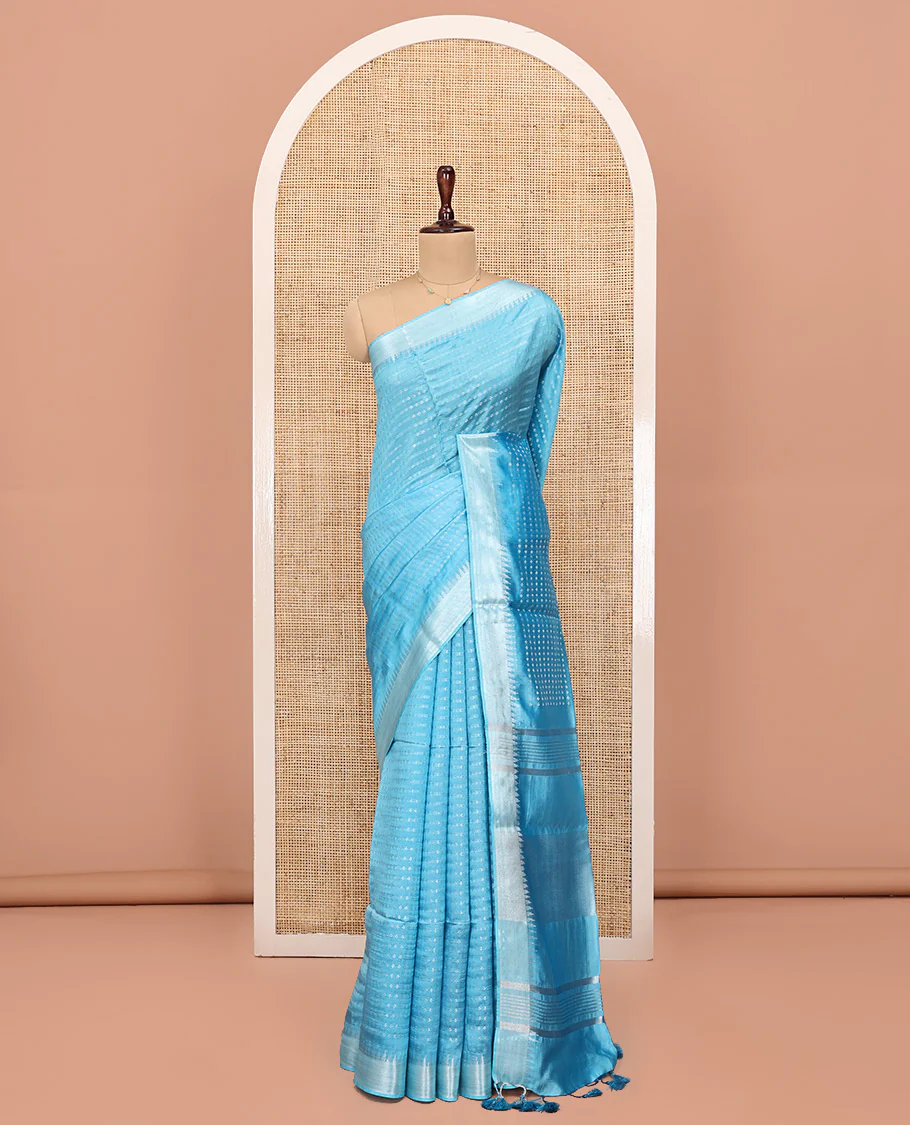 Blue Banana Pith Saree, Sparsely Woven with Buttas All Over Its Body, Highlighted by Zari Temple Border, Gleaming Zari Striped Pallu, and Paired with a Matching Blouse - Image 3