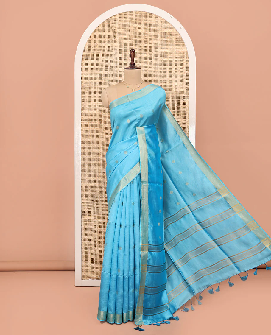Blue Banana Pith Saree, Sparsely Woven with Buttas All Over Its Body, Subtle Self-Border, Pallu Steeped with Stripes, and Paired with a Matching Blouse