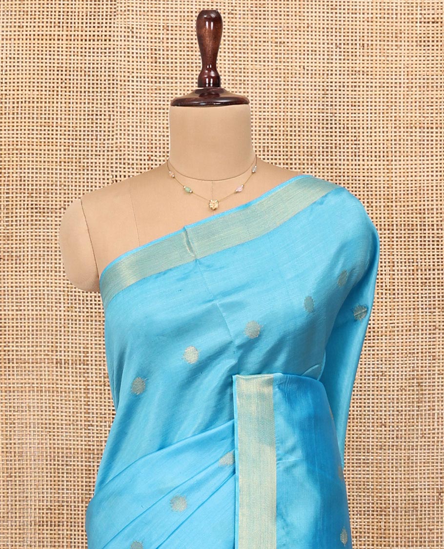 Blue Banana Pith Saree, Sparsely Woven with Buttas All Over Its Body, Subtle Self-Border, Pallu Steeped with Stripes, and Paired with a Matching Blouse - Image 2