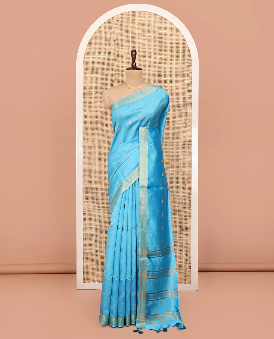 Blue Banana Pith Saree, Sparsely Woven with Buttas All Over Its Body, Subtle Self-Border, Pallu Steeped with Stripes, and Paired with a Matching Blouse - Image 3