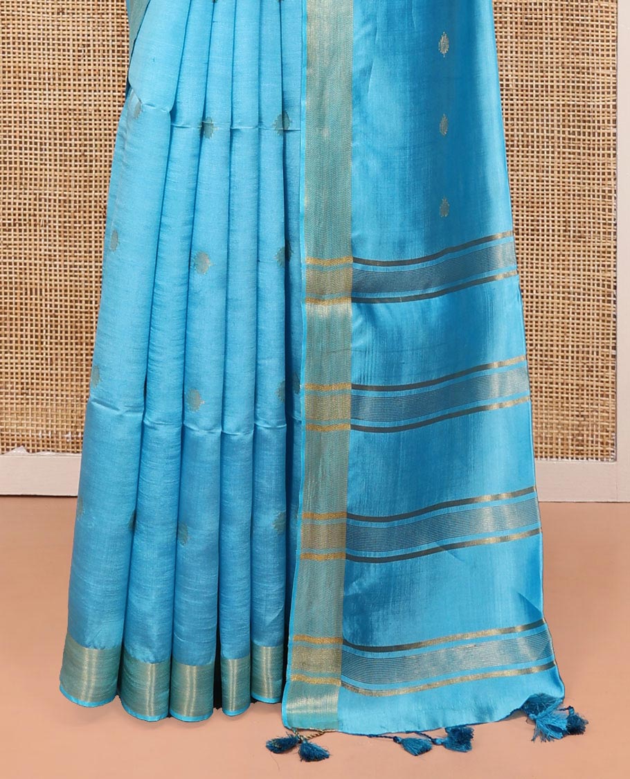 Blue Banana Pith Saree, Sparsely Woven with Buttas All Over Its Body, Subtle Self-Border, Pallu Steeped with Stripes, and Paired with a Matching Blouse - Image 4