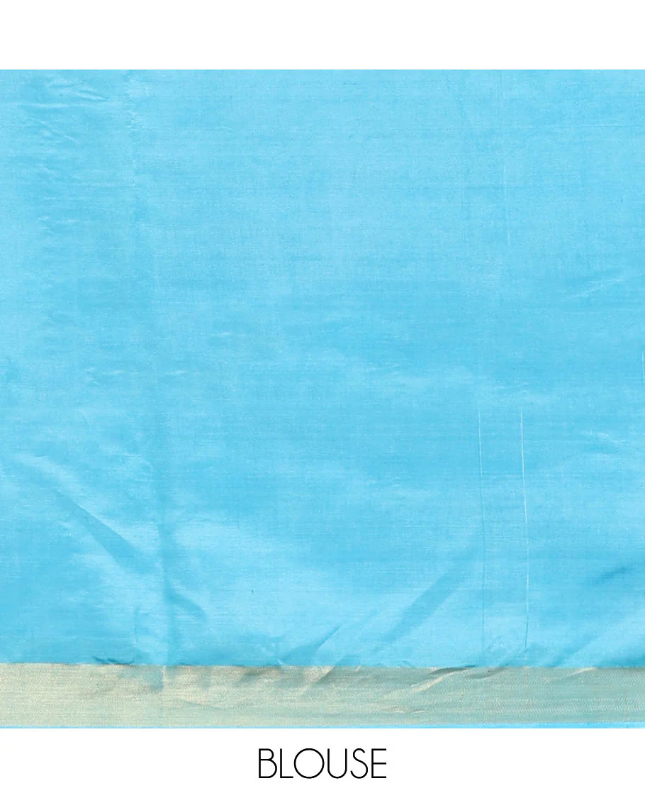 Blue Banana Pith Saree, Sparsely Woven with Buttas All Over Its Body, Subtle Self-Border, Pallu Steeped with Stripes, and Paired with a Matching Blouse - Image 5