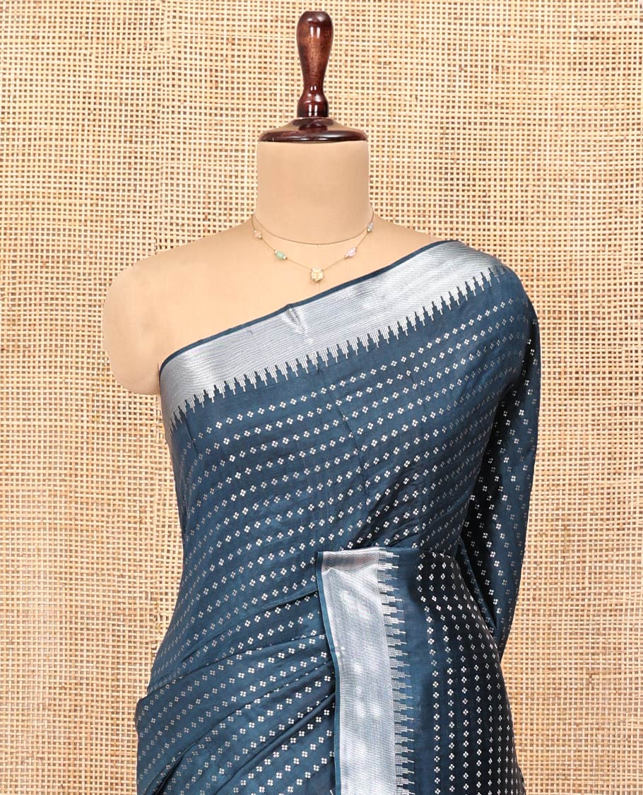 Blue Banana Pith Saree, Steeped with Buttas All Over Its Body, Highlighted by Temple Zari Border, Pallu of Gleaming Zari Stripes, and Paired with a Matching Blouse - Image 2
