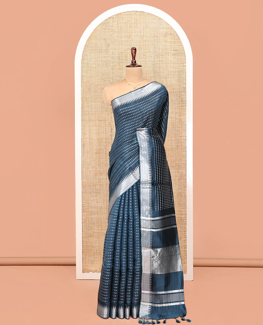 Blue Banana Pith Saree, Steeped with Buttas All Over Its Body, Highlighted by Temple Zari Border, Pallu of Gleaming Zari Stripes, and Paired with a Matching Blouse - Image 3
