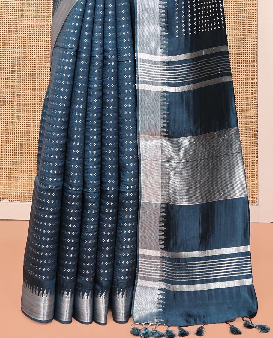 Blue Banana Pith Saree, Steeped with Buttas All Over Its Body, Highlighted by Temple Zari Border, Pallu of Gleaming Zari Stripes, and Paired with a Matching Blouse - Image 4