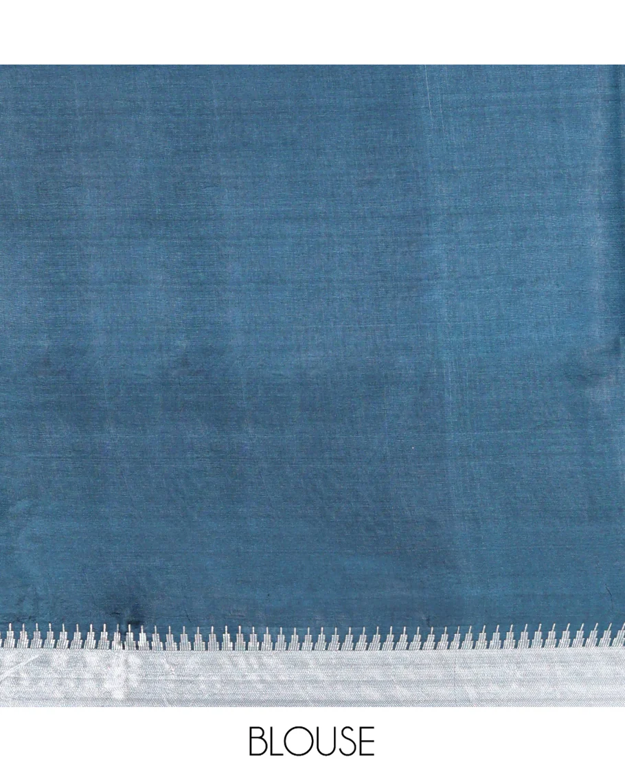 Blue Banana Pith Saree, Steeped with Buttas All Over Its Body, Highlighted by Temple Zari Border, Pallu of Gleaming Zari Stripes, and Paired with a Matching Blouse - Image 5