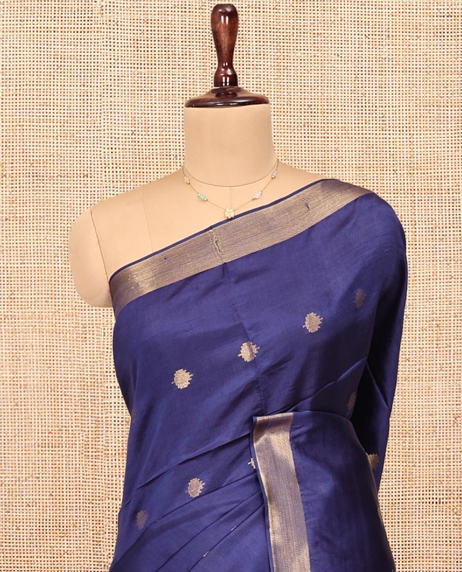 Blue Banana Pith Saree, Subtly Adorned with Buttas All Over Its Body, Highlighted by a Zari Bavanji Border, Gleaming Zari Striped Pallu, and Paired with a Matching Blouse - Image 2