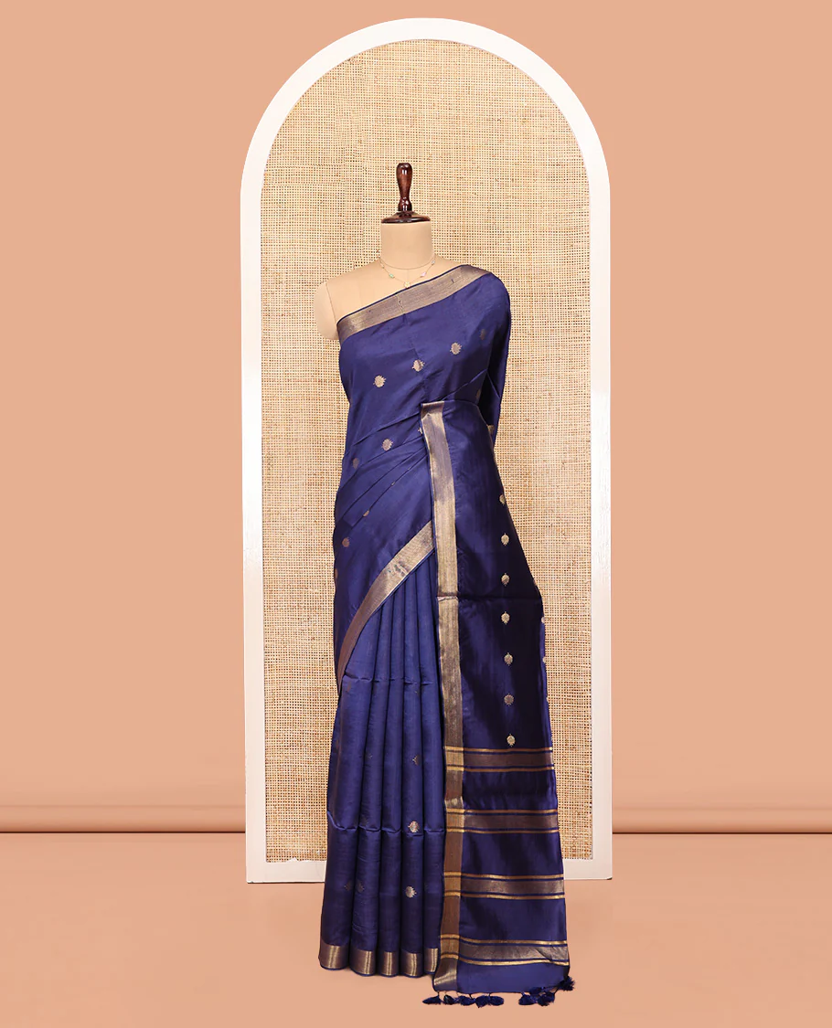 Blue Banana Pith Saree, Subtly Adorned with Buttas All Over Its Body, Highlighted by a Zari Bavanji Border, Gleaming Zari Striped Pallu, and Paired with a Matching Blouse - Image 3