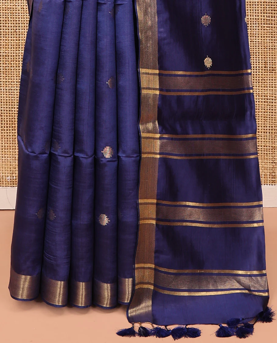 Blue Banana Pith Saree, Subtly Adorned with Buttas All Over Its Body, Highlighted by a Zari Bavanji Border, Gleaming Zari Striped Pallu, and Paired with a Matching Blouse - Image 4
