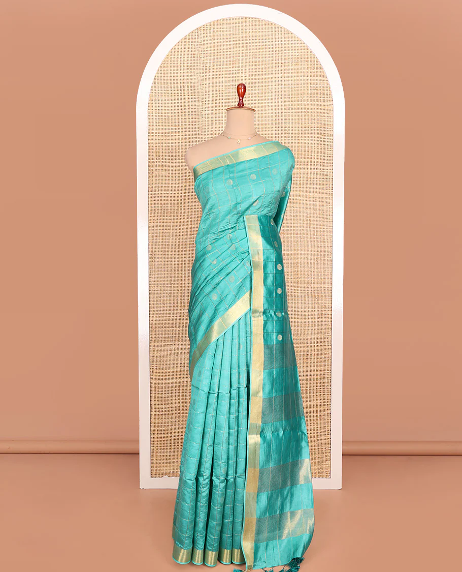 Blue Banana Pith Saree Subtly Sparkled with Polka Dot Buttas Enclosed Checks, Subtle Zari Border, Gleaming Zari Stripes Woven Pallu, and Paired with a Matching Plain Blouse - Image 3