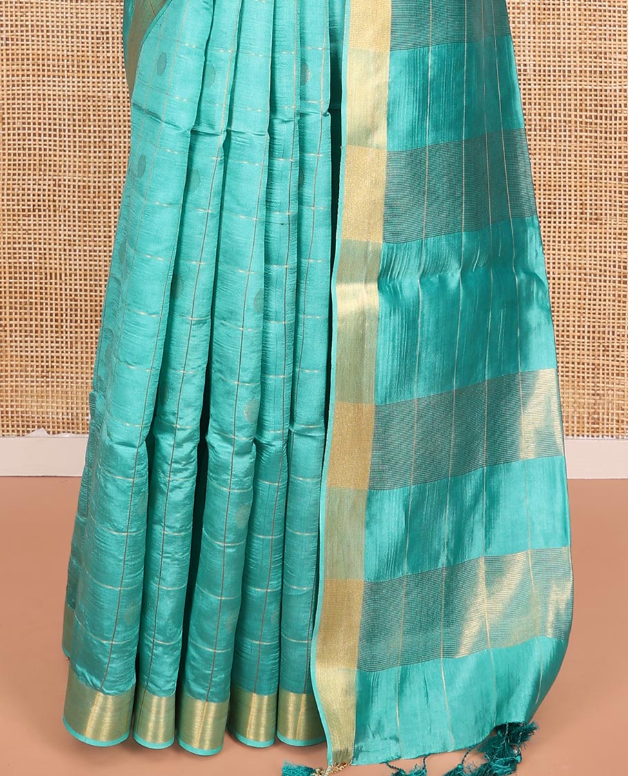 Blue Banana Pith Saree Subtly Sparkled with Polka Dot Buttas Enclosed Checks, Subtle Zari Border, Gleaming Zari Stripes Woven Pallu, and Paired with a Matching Plain Blouse - Image 4