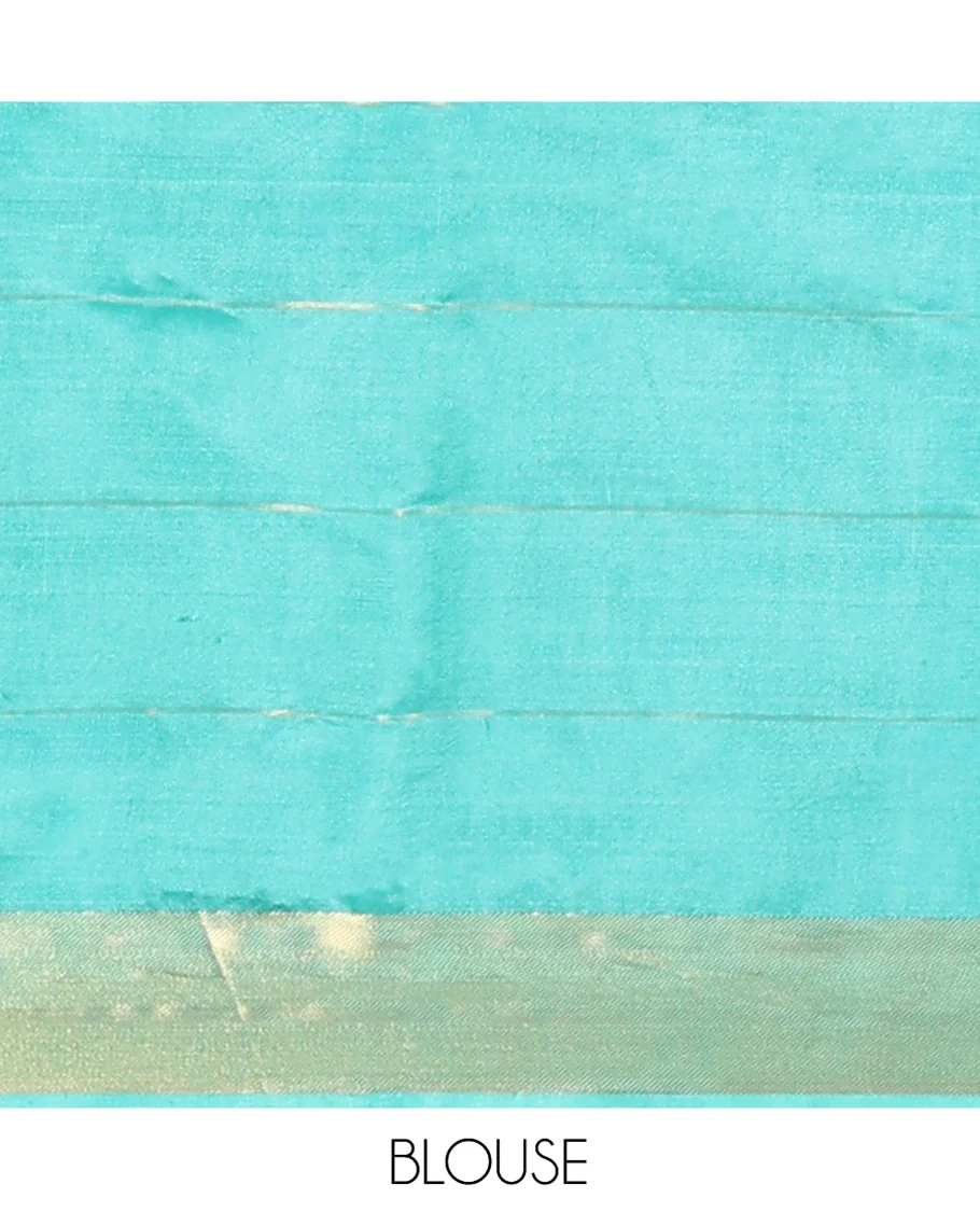 Blue Banana Pith Saree Subtly Sparkled with Polka Dot Buttas Enclosed Checks, Subtle Zari Border, Gleaming Zari Stripes Woven Pallu, and Paired with a Matching Plain Blouse - Image 5