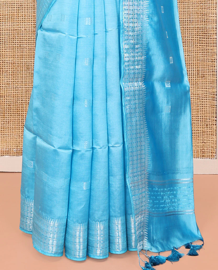Blue Banana Pith Saree, Subtly Sparkled with Square Buttas All Over Its Body, Sparsely Woven Temple Border of Rudraksham Designs, Pallu of Buttas, and Paired with a Matching Blouse - Image 4