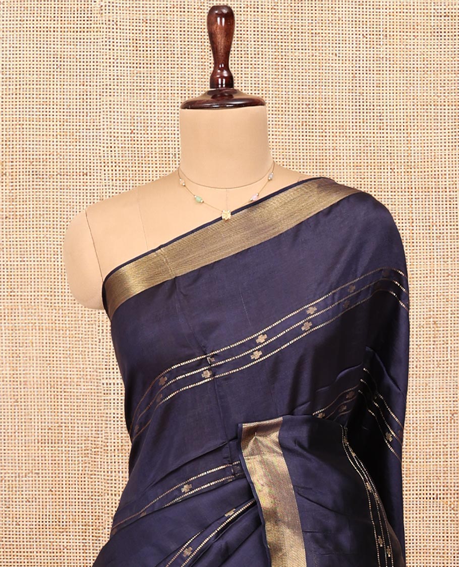 Blue Banana Pith Saree, Uniquely Detailed with Buttas and Stripes All Over Its Body, Highlighted by a Zari Temple Border, Gleaming Zari-Striped Pallu, and Paired with a Matching Blouse - Image 2