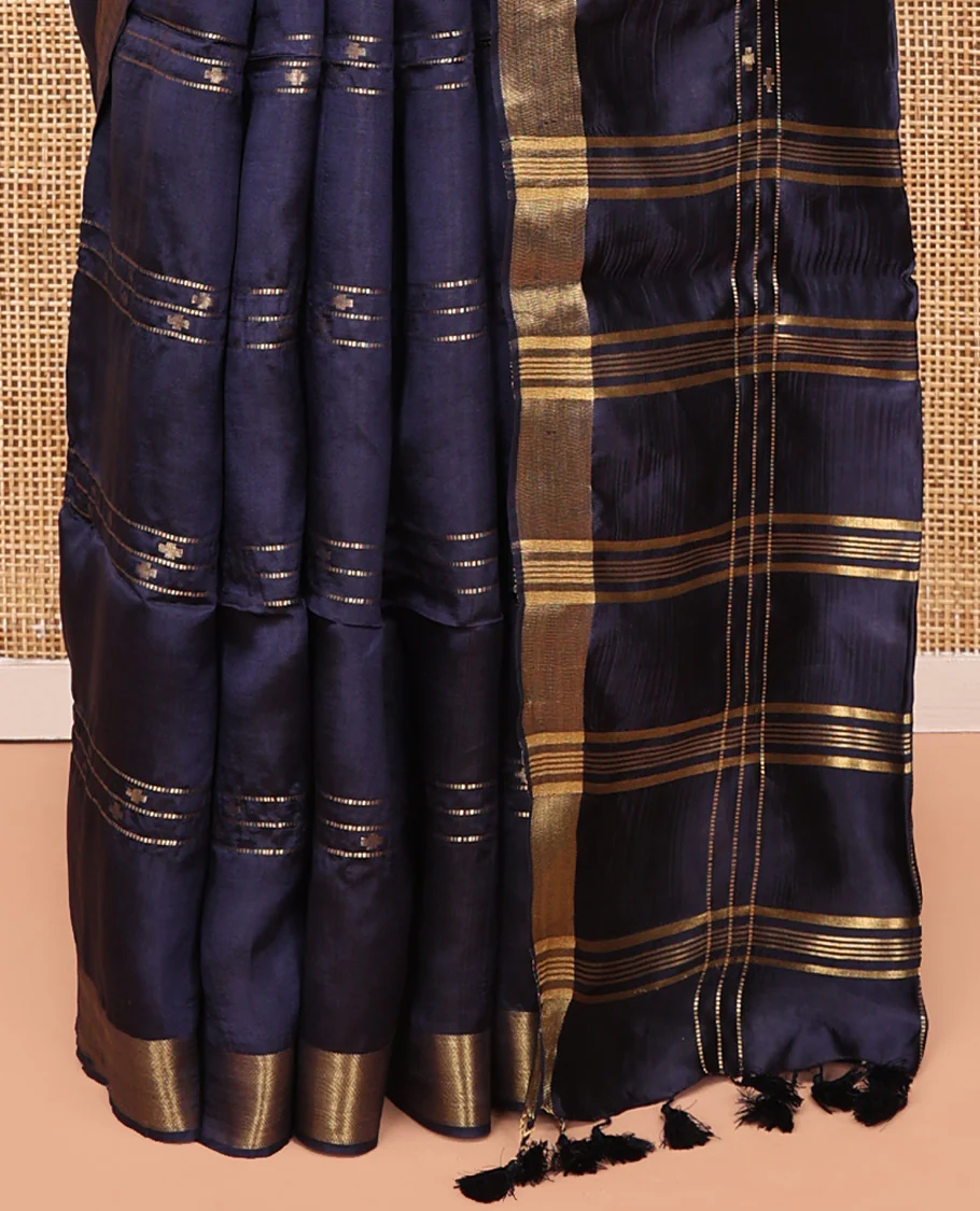 Blue Banana Pith Saree, Uniquely Detailed with Buttas and Stripes All Over Its Body, Highlighted by a Zari Temple Border, Gleaming Zari-Striped Pallu, and Paired with a Matching Blouse - Image 4