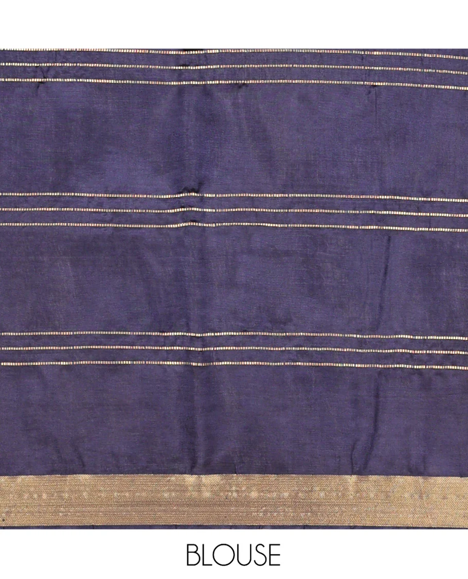 Blue Banana Pith Saree, Uniquely Detailed with Buttas and Stripes All Over Its Body, Highlighted by a Zari Temple Border, Gleaming Zari-Striped Pallu, and Paired with a Matching Blouse - Image 5