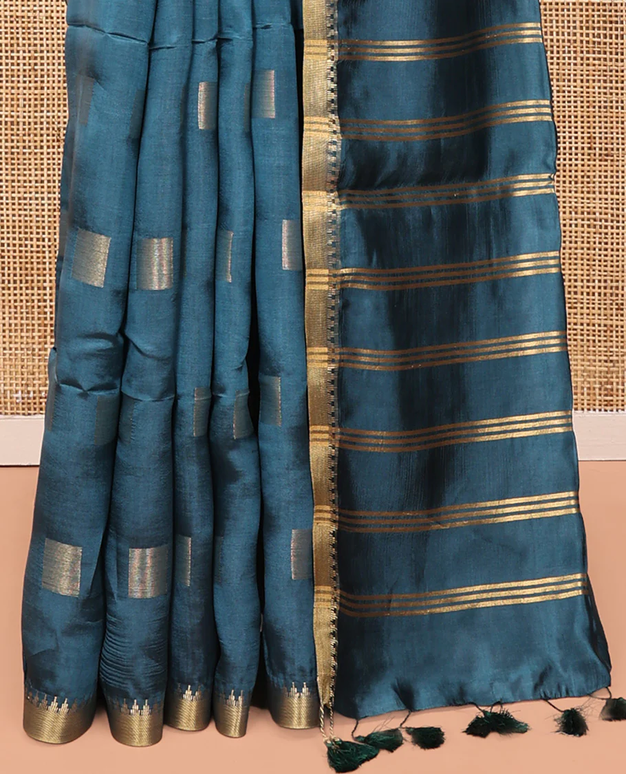 Blue Banana Pith Saree, Woven with Square Buttas All Over Its Body, Highlighted by a Zari Temple Border, Gleaming Zari Striped Pallu, and Paired with a Matching Blouse - Image 4