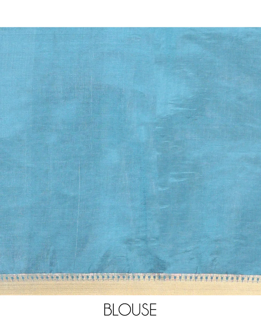 Blue Banana Pith Saree, Woven with Square Buttas All Over Its Body, Highlighted by a Zari Temple Border, Gleaming Zari Striped Pallu, and Paired with a Matching Blouse - Image 5