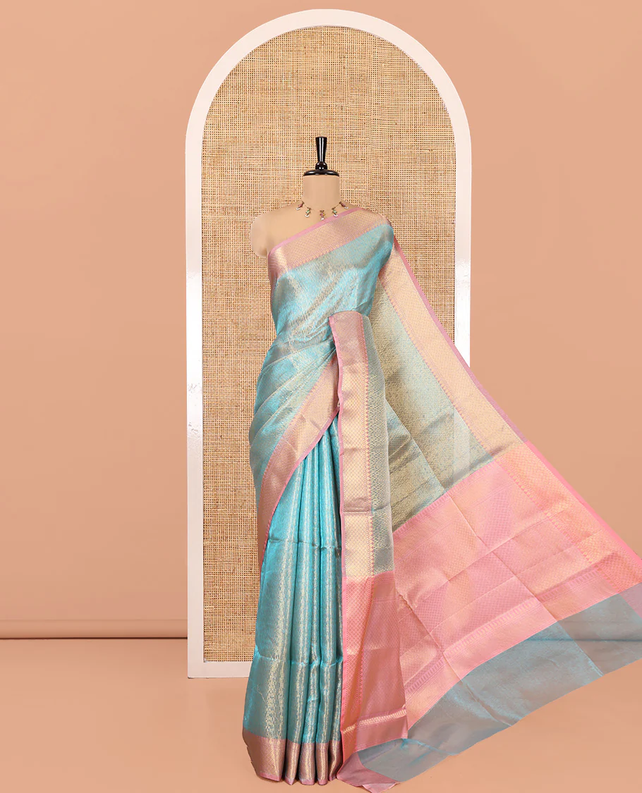 Blue Banaras Katan Silk Saree, Adorned with Brocade Design on Its Body, Complemented by a Contrast Traditional Zari Design Border, Grand Jaal Pallu, and Paired with a Contrast Blouse