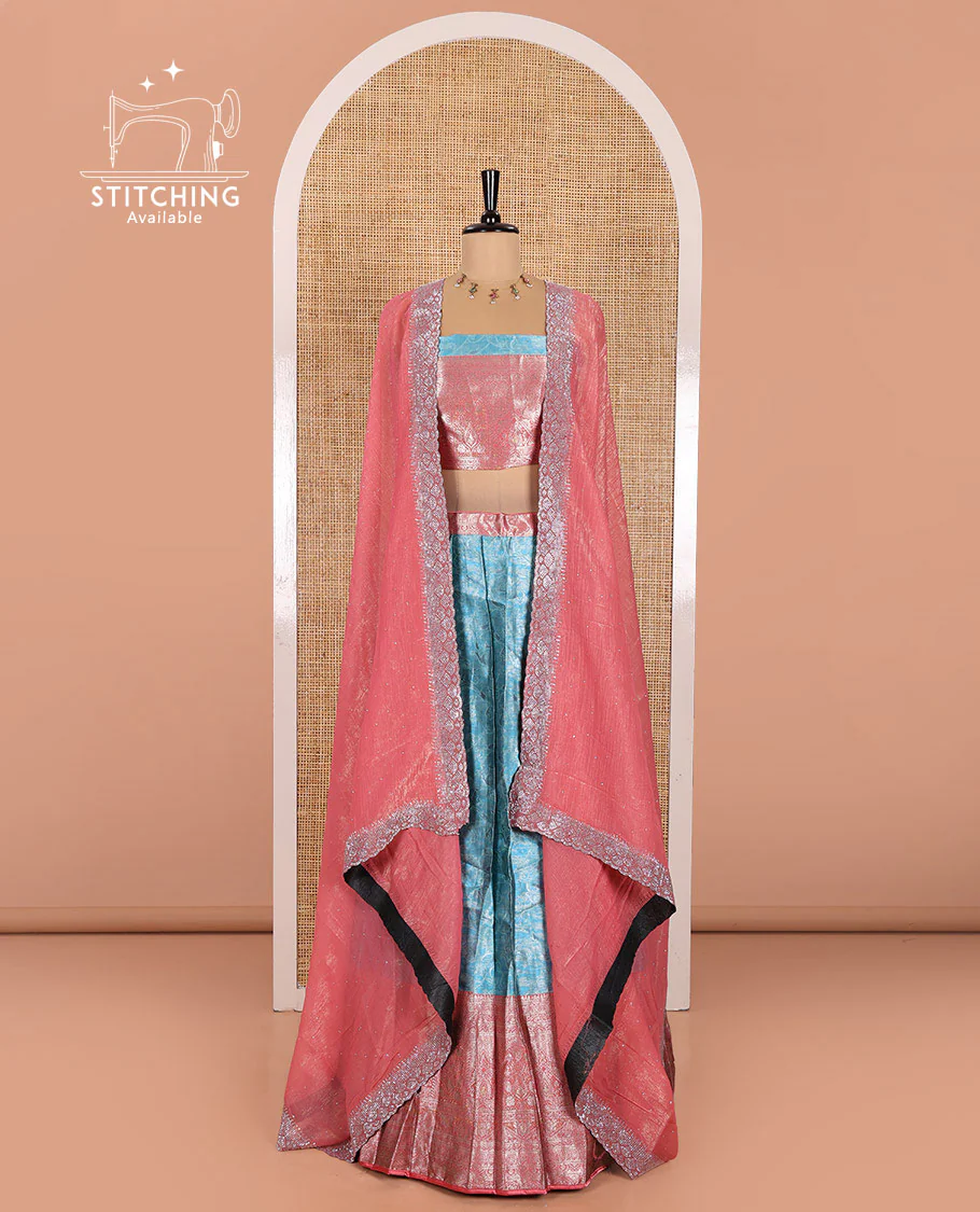 Blue Banarasi Half-Saree Featuring Jacquard Design Skirt, Complemented by Contrast-Rich Zari-Woven Intricate Border, Paired with a Matching Blouse, Contrast Velvet Organza Stone Work Dhavani, and Brocade Belt - Image 2