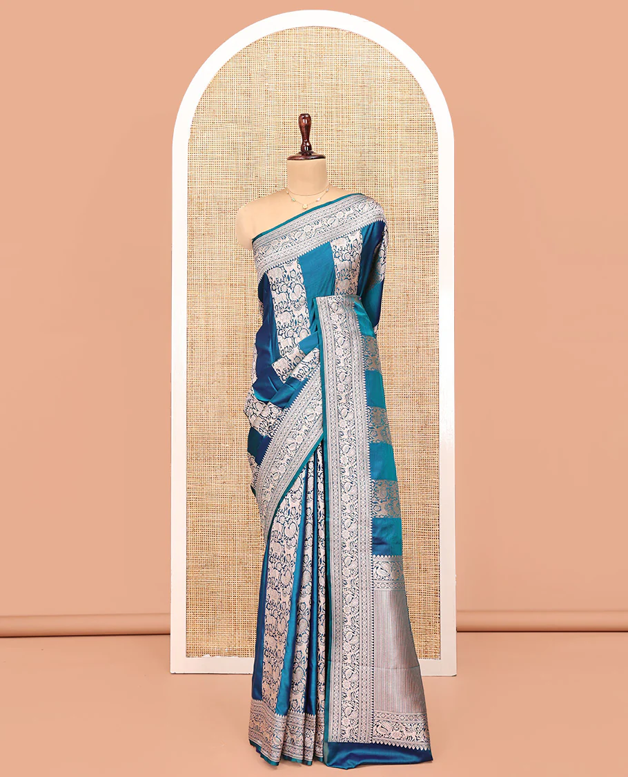 Blue Banarasi Silk Saree, Majestically Detailed with Floral and Animal Motifs on Its Body, Highlighted by a Self-Border of Traditional Designs, Pallu of Stripes, and Paired with a Matching Blouse - Image 3
